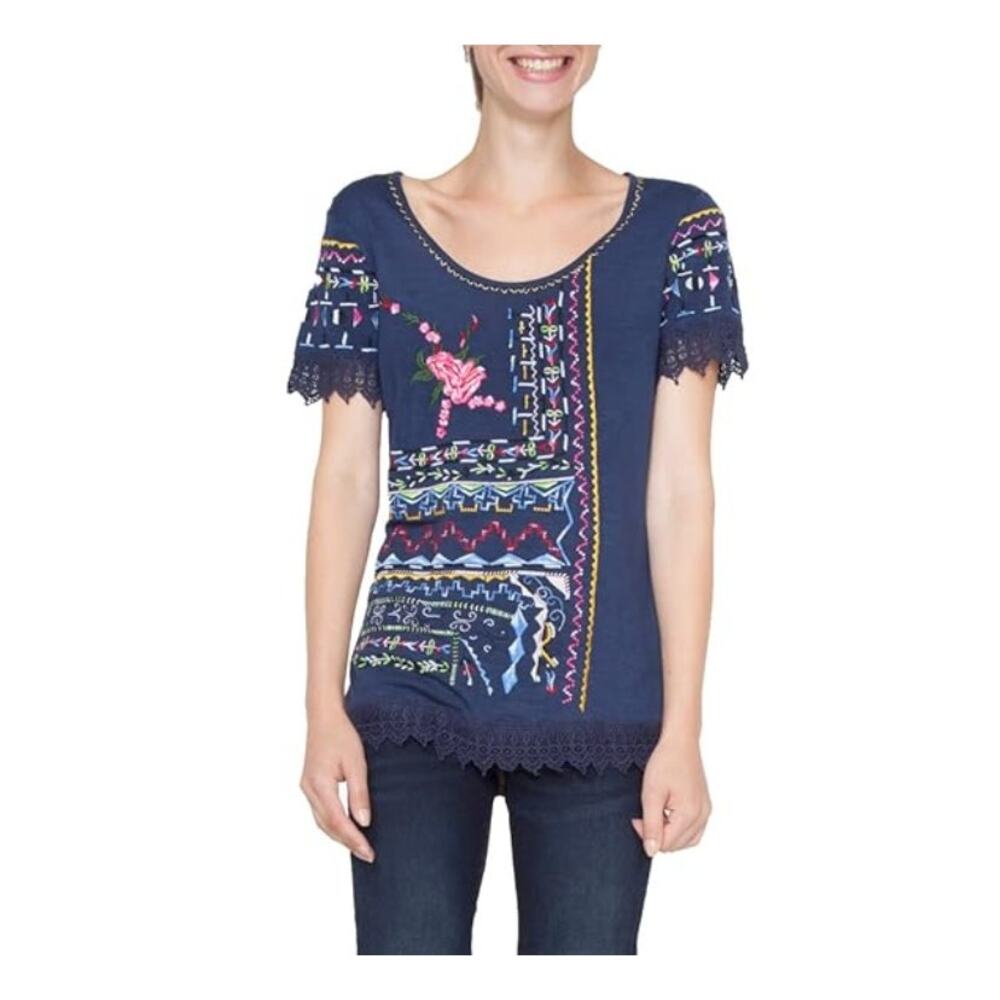 Desigual Navy Short Sleeve Embroidered Scoop Neck Tee